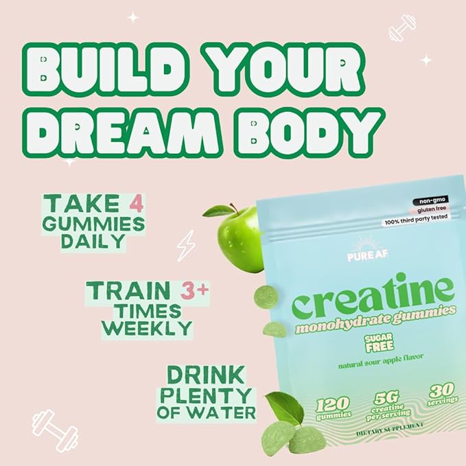 Creatine Gummies for Women – Sugar Free | Sour Green Apple – 120 Creatine Monohydrate Gummies | Lean Muscle Glute Growth Strength &amp Cognitive Boost