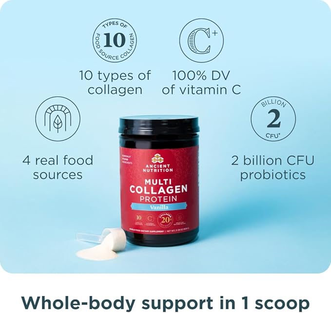 Ancient Nutrition Multi Collagen Protein Powder Vanilla 60 Servings + Vitamin D Capsules 60 Count