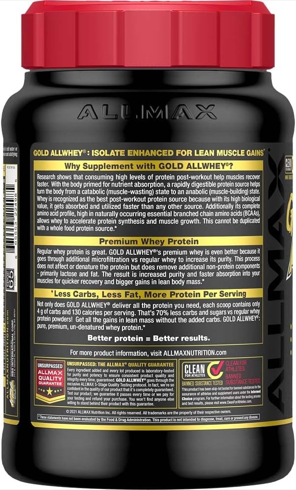 ALLMAX Nutrition Gold ALLWHEY Cookies &amp Cream - 2 lb - 24 Grams of Protein Per Scoop - Gluten Free Low Carb &amp Low Sugar - Approx. 30 Servings
