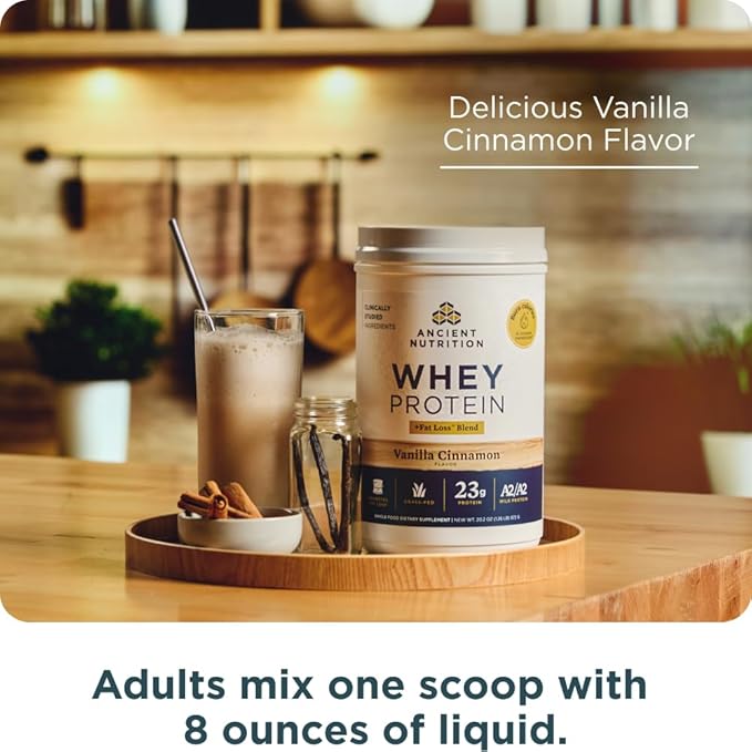 Ancient Nutrition Grass Fed Whey Protein + Fat Loss Blend Vanilla Cinnamon 23g Protein Promotes Fat Loss and Boost Metabolism Organic Regenerative A2/A2 Milk Protein18 Servings