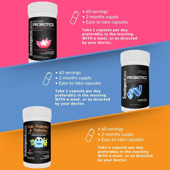 Intelligent Labs 3-in-1 Probiotics with Prebiotics Bundle for The Whole Family: Kids + Adult 50 Billion CFU + Women’s Probiotics No Refrigeration Needed 2 Months Supply Per Bottle