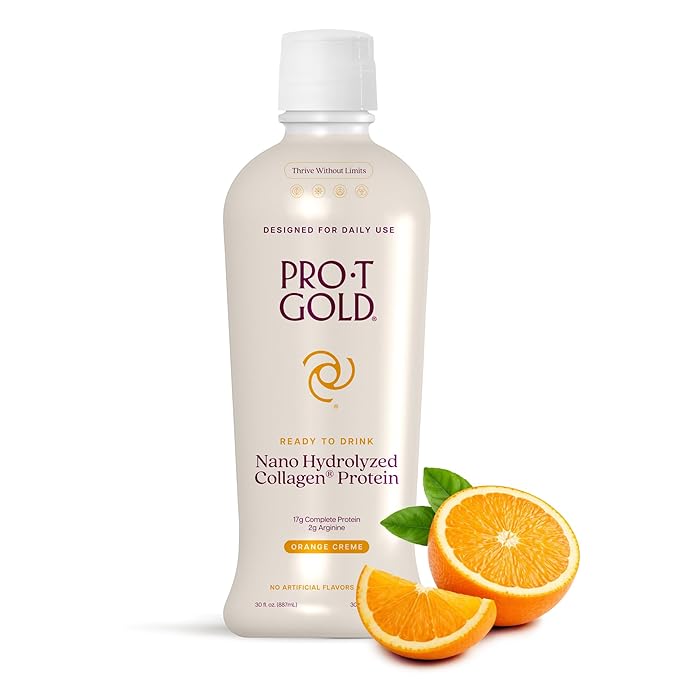 ProT Gold Liquid Collagen Protein Shot 17g Clear Protein Nano-Hydrolyzed Grass Fed Collagen 2g Arginine for Wound Support Gluten Free Sugar Free 0g Carbs Non GMO Orange Creme 30 fl oz Bottle