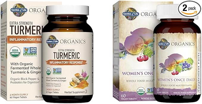 Garden of Life Organics Extra Strength 60 Tablets Turmeric &amp 60 Tablets Women's Once Daily Whole Food Multivitamin
