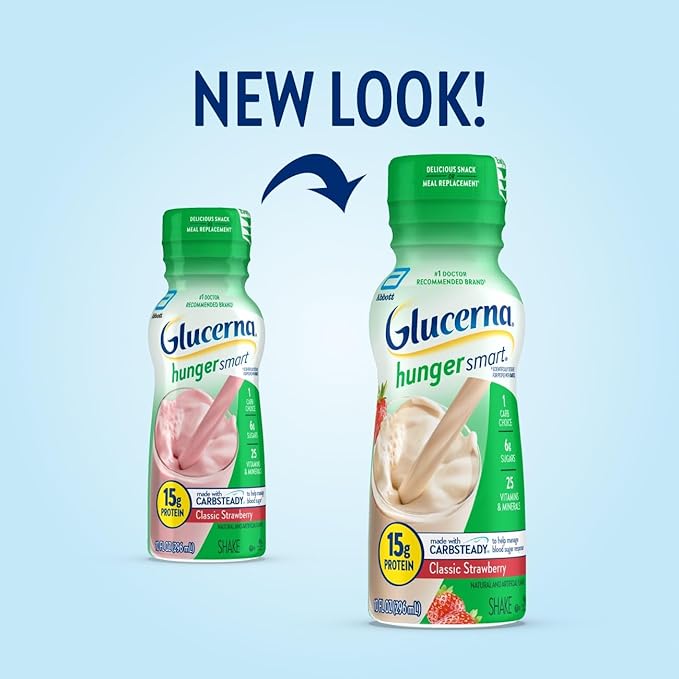 Glucerna Hunger Smart Diabetes Care Shake Classic Strawberry Diabetic Meal Replacement to Support Blood Sugar Management 15g Protein 180 Calories Ready to Drink 10 Fl Oz 24 Pack