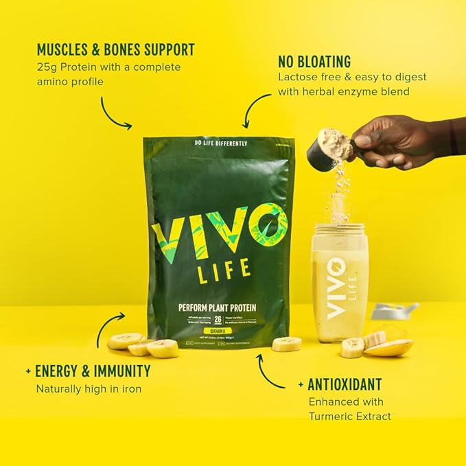 Vivo life Perform Plant Protein Powder - Pea &amp Hemp Protein Blend with BCAA (34.85 oz Raw Cacao)