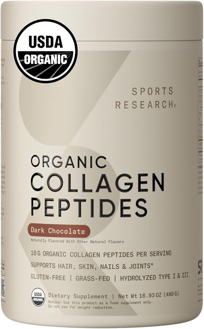 Sports Research Organic Collagen Peptides - Hydrolyzed Type I &amp III Collagen - Sustainable &amp Traceable Formula - Chocolate - 30 Servings