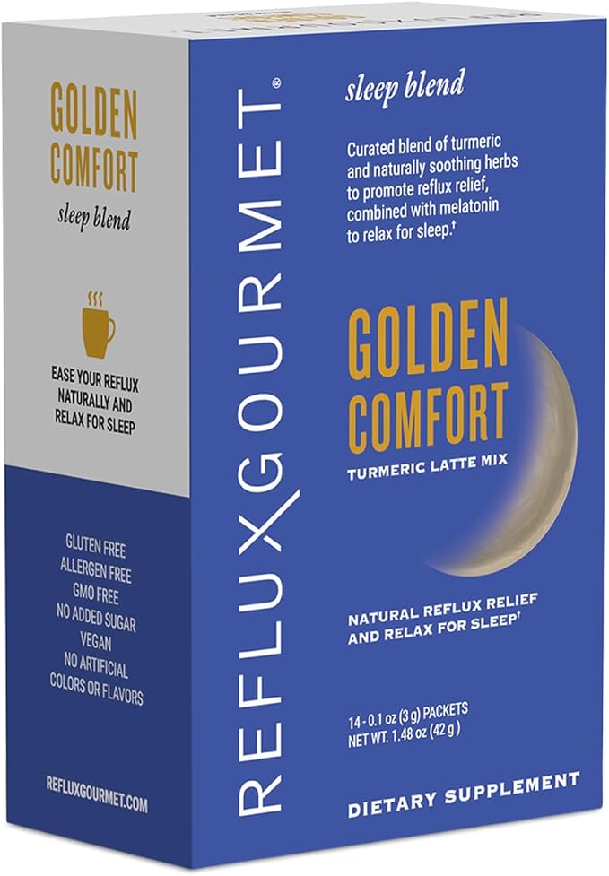 REFLUX GOURMET Golden Comfort Sleep Blend–Nighttime Reflux Relief &amp Sleep Aid–Turmeric Latte with Melatonin Gamma-Amino Butyric Acid (GABA) &amp L-Theanine–Enhanced Absorption 95% Curcuminoids–