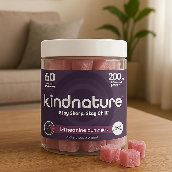 kindnature L-Theanine Gummies 200mg – Calm &amp Focus Supplement for Adults &amp Kids Ages 4+ – Stress Support Mental Clarity &amp Non-Drowsy Relaxation – Vegan Mixed Berry Non-GMO