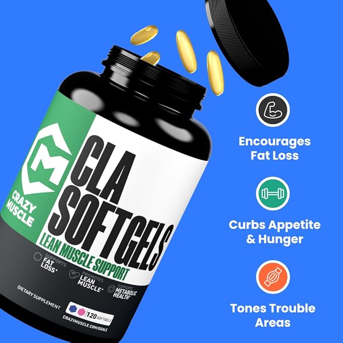 Crazy Muscle CLA 1000mg Conjugated Linoleic Acid Fat Burner for Weight Management &amp Muscle Definition High Potency Keto-Friendly Non-Stimulant CLA Supplement Non-GMO 120 Serving Softgels