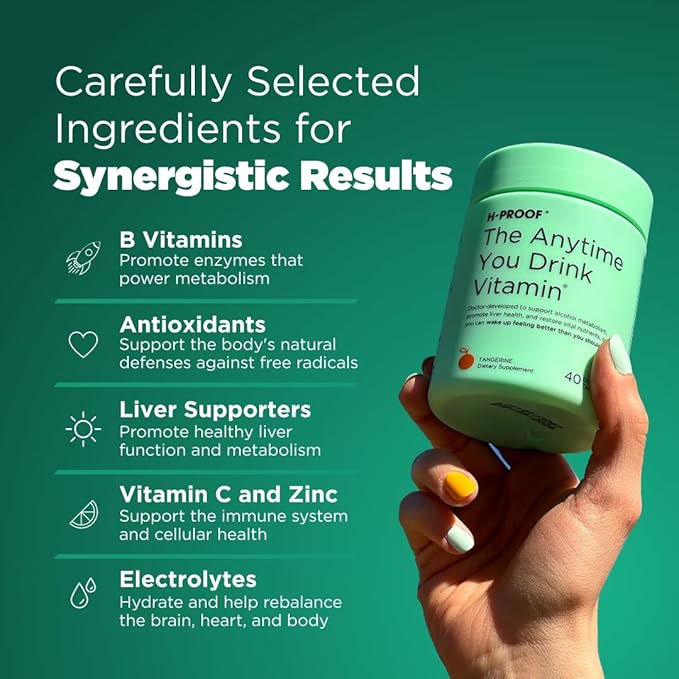 H-PROOF The Anytime You Drink Vitamin Liver Health &amp Immunity Support with Electrolytes Milk Thistle and Vitamins B &amp C - 40 Chewable Tablets (20 Servings) Vegan Green Apple