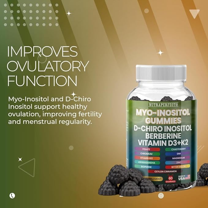 Sugar Free Myo-Inositol &amp D-Chiro Inositol Gummies for Women Berberine Vitamin D3 K2 DIM Magnesium Glycinate Oxide L-Methylfolate Supplement for Women Fertility Hormone Balance PMS Ovarian He