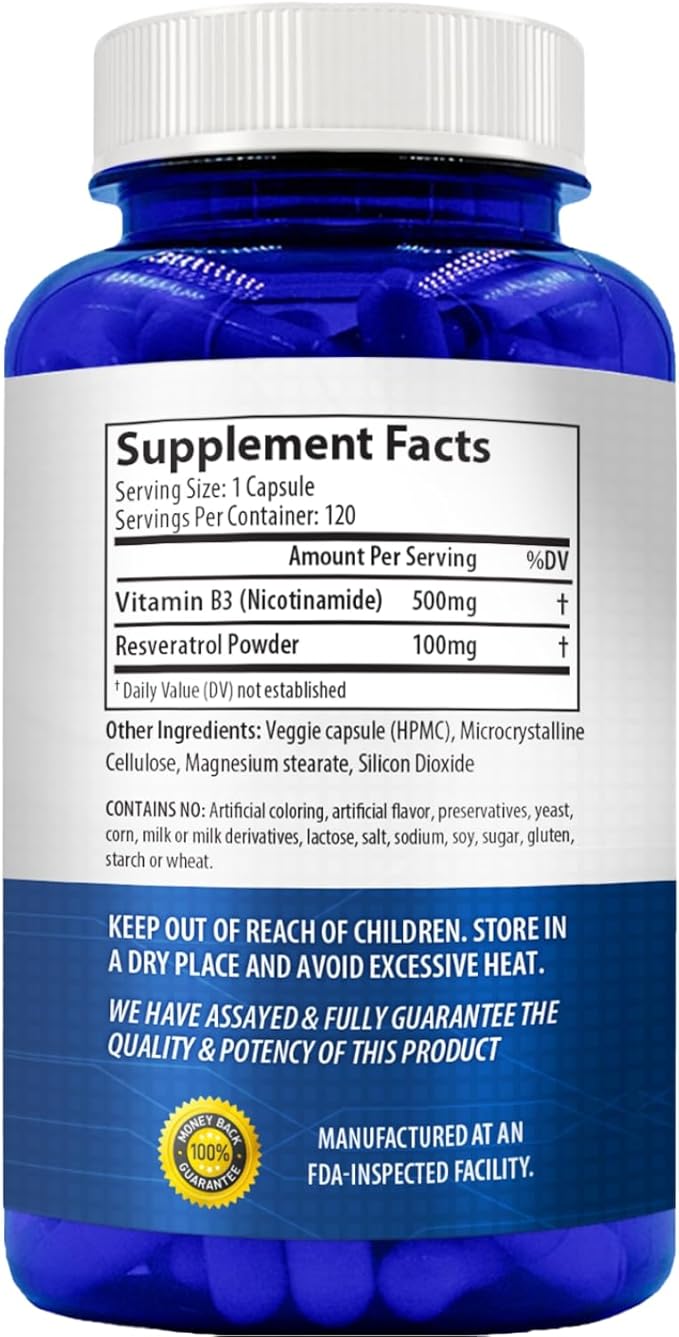 Resveratrol with Vitamin B3 Nicotinamide 500mg | NAD+ Precursor and Longevity Complex with Nicotinamide Form of Vitamin B3 Niacin Flush Free for Aging Skin Energy &amp Cellular Support (120 Day Suppl