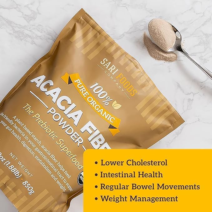 Sari Foods Organic Acacia Fiber Powder (30 Ounce): Natural Whole Food Plant Based Prebiotic Superfood for Gut Health