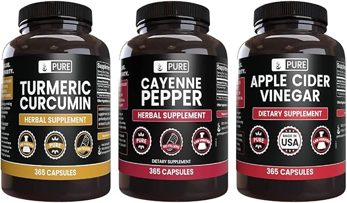 PURE ORIGINAL INGREDIENTS Cayenne Pepper Turmeric Curcumin Apple Cider Vinegar Bundle (365 Capsules)