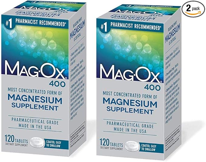 Mag-Ox 400 Magnesium Mineral Dietary Supplement Tablets 483 mg Magnesium Oxide Pharmaceutical Grade 120 Count (Pack of 2)
