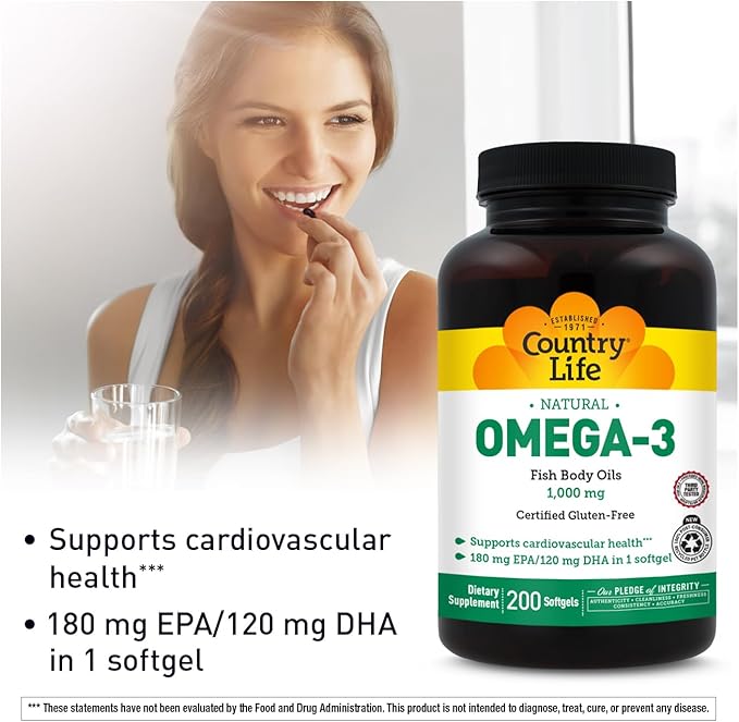 Country Life Omega-3 Fish Oil Supplement 1000mg 180mg EPA &amp 120mg DHA Fish Oil Concentrate Burpless 200 Softgels Certified Gluten Free
