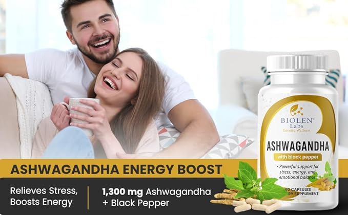 Biolen Labs Ashwagandha Extra Strength with Black Pepper 1300mg 60 Capsules Natural Stress Relief Mood Support Energy Supplement