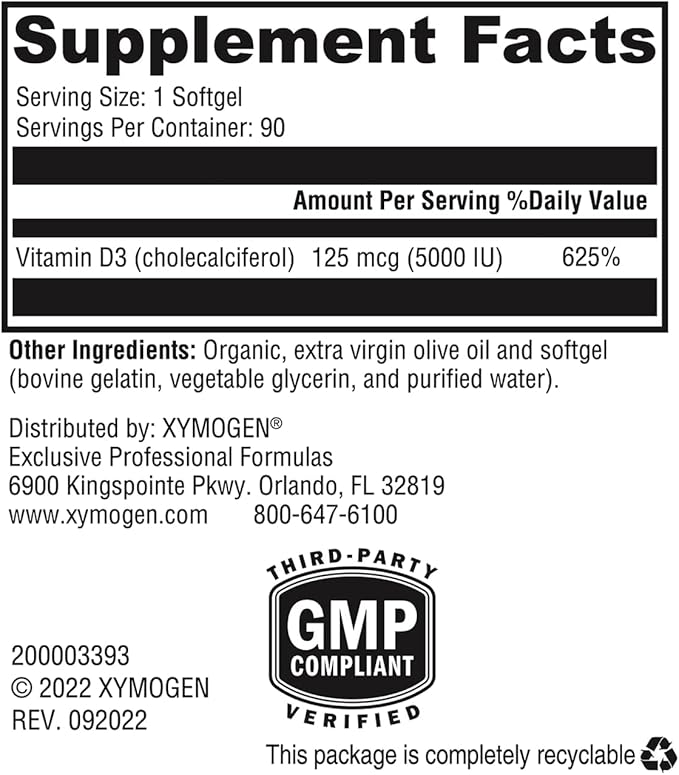 XYMOGEN D3 5000 - Bioavailable Vitamin D3 5000 IU (125 mcg) - High Strength Vitamin D Supplement for Immune Bone &amp Heart Health Support - 90 Softgels