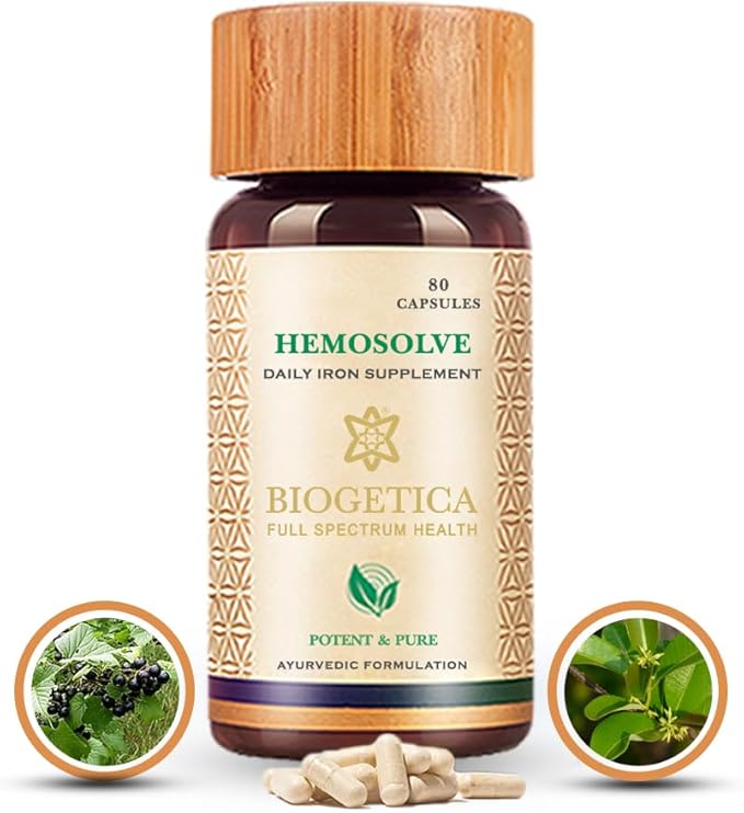 Biogetica Hemosolve Herbal Daily Iron Supplement with Kassisa Mineral and Sarsaparilla Root - Non-GMO - 100% Vegan Ayurveda Supplement - 80 Capsules
