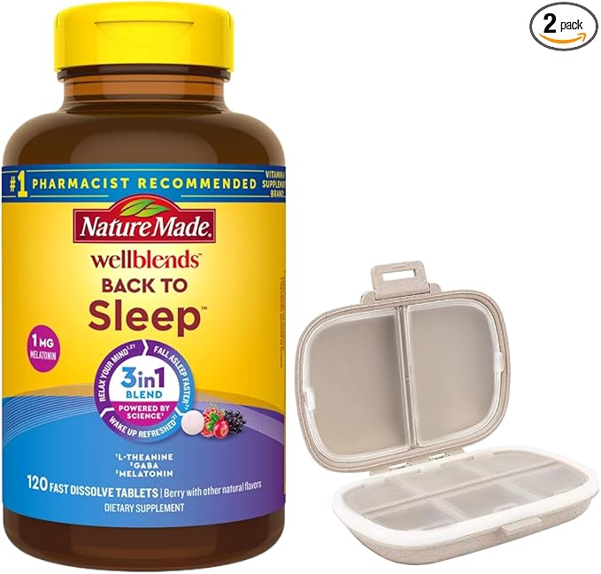 Nature Made Wellblends Back to Sleep 120 Fast Dissolve Tablets Lower Dose Melatonin 1 mg L theanine 100 mg and GABA 100mg Sleep Supplement Bundle with a Pill Oragnizer (2 Items)