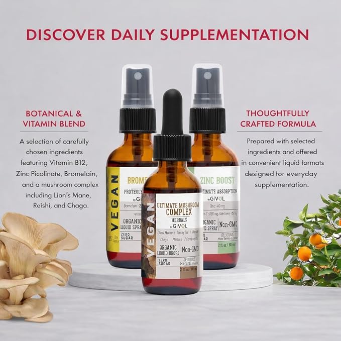 Digestive Harmony Bundle Liquid Vitamin Trio Mushroom Complex Lions Mane Reishi Maitake &amp Chaga Zinc Picolinate &amp Bromelain | Non-GMO | Gluten Free | Sugar-Free | 2 Fl Oz | 240 Days Supply