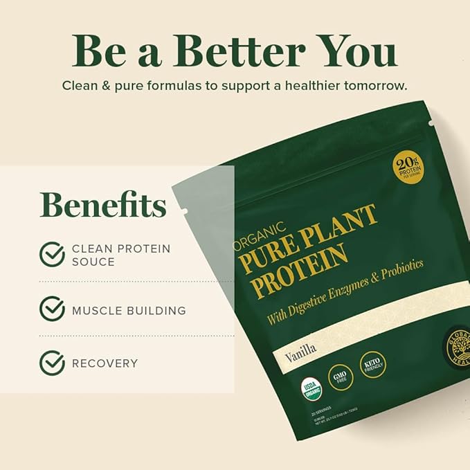 Global Healing Organic Plant Vanilla Protein Powder for Men and Women 20g - Dairy Free Protein Powder with Digestive Enzymes &amp Probiotics to Support Gut Health (1.6 Lbs)
