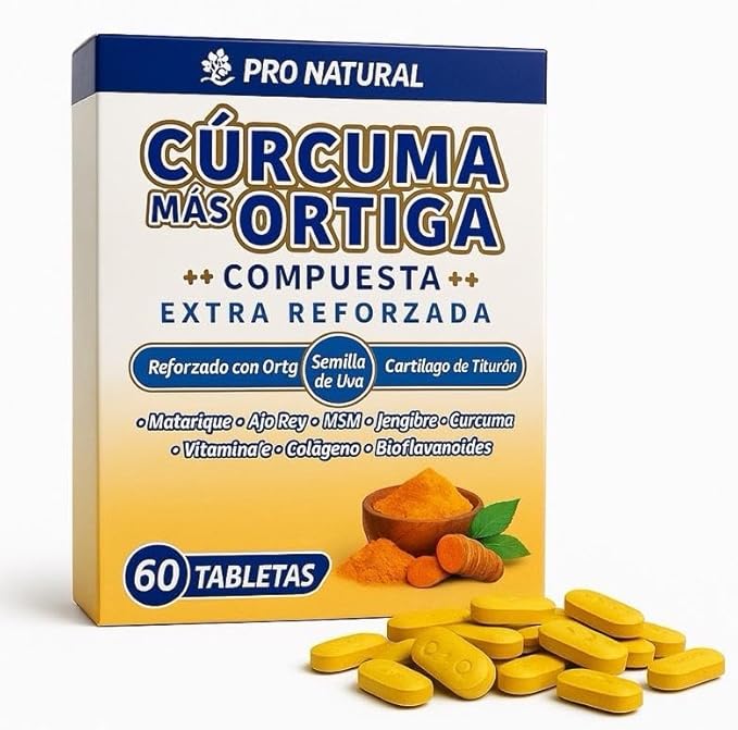 Cúrcuma Más Ortiga Extra Reforzada Turmeric and Nettle Compound with Grape Seed MSM Ginger and Vitamin C 60 Tablets