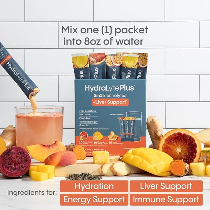 Hydralyte Liver Support + Electrolyte Mix with Milk Thistle Turmeric Ginger Prickly Pear Green Tea Extract Formulated for Rapid Rehydration (Blood Orange Ginger 20 Packets)