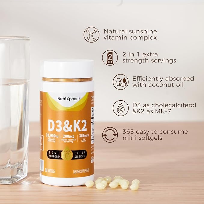 NutriSphere Vitamin D3 &amp K2 (MK-7) - 10000 IU + 200 mcg Supplement D&ampK Easy to Swallow Supports Calcium Absorption - 365 Softgels (1 Year Supply)