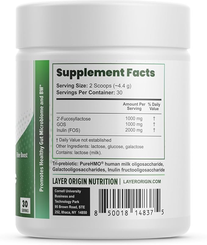 Layer Origin Constipiotic Prebiotic Fiber to Ease Bowel Movement and Support Regularity - 4.4 g Per Serving - HMO 2'FL GOS Inulin FOS - 30-Day Supply - Unflavored No Taste Dissolve Easily