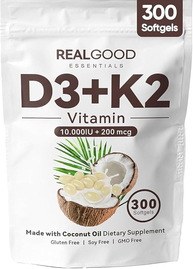 Real Good Essentials Vitamin D3 K2 RealGood Essentials D3+K2 (MK7) Coconut Oil 300 Softgels with Vitamins D &amp K 10000 Iu Supports Calcium Absorption Bone Immune.(1)