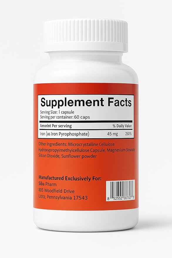 Max Liposomal Iron Supplement 60 Capsules (45mg Pure Elemental Iron) by Siba Pharm | Maximum Absorption Formula | Non GMO Vegan Premium Quality | Helps New Blood Cell Production.