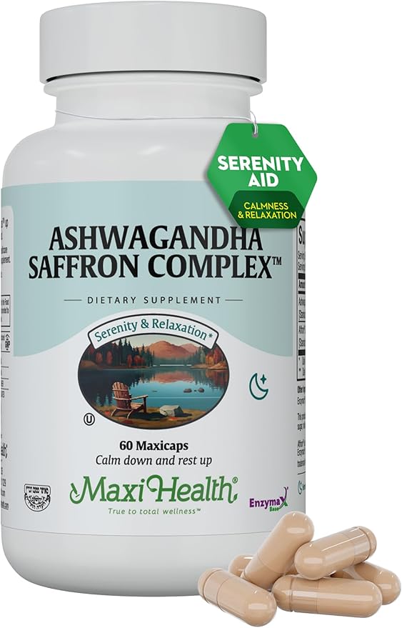 Maxi Health Ashwagandha Supplements Complex with Saffron – 600mg Ashwagandha Capsules &amp 30mg Saffron Extract for Stress Relief Mood &amp Calm – Kosher 60 Capsules
