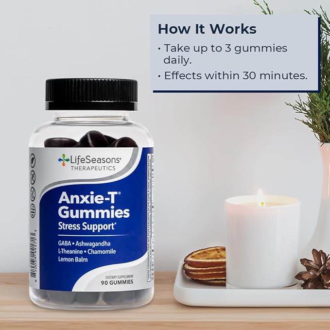 Anxie-T - Stress Relief Gummy - Vitamin Supplement for Mood &amp Mental Focus Support - Feel Calm and Relaxed - Rapidly Eases Tension - Ashwagandha GABA &amp L-Theanine - 90 Gummies