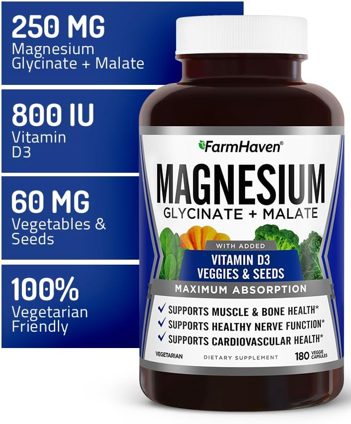 FarmHaven Magnesium Glycinate &amp Malate Complex w/Vitamin D3 100% Chelated for Max Absorption Vegetarian – Bone Health Nerves Muscles 180 Capsules 90 Days