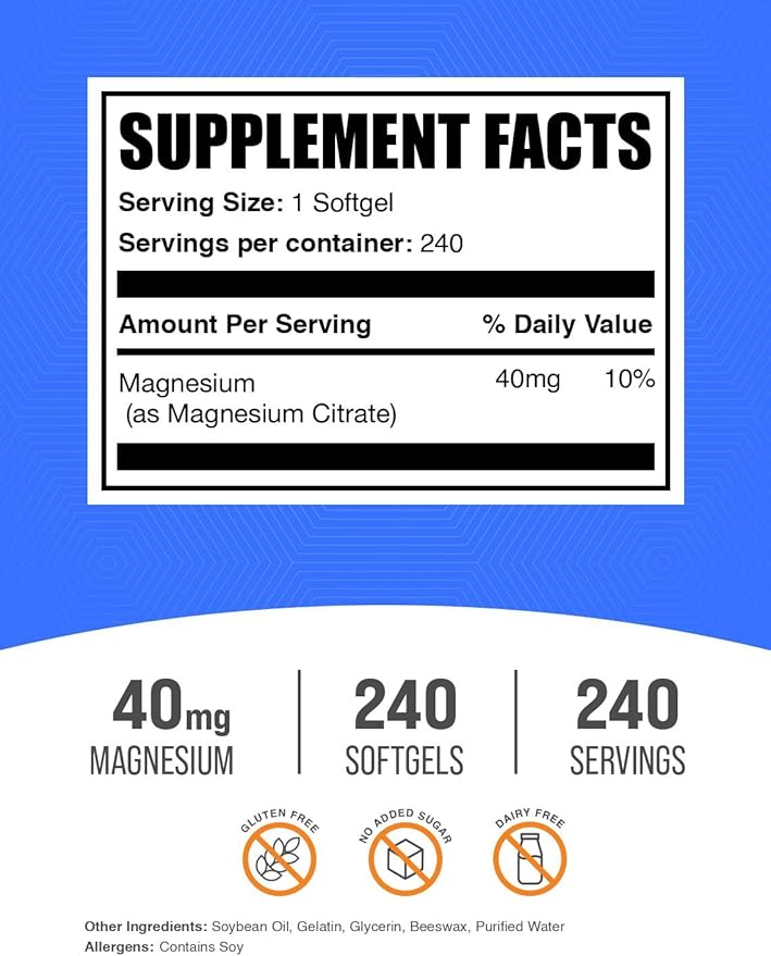 BulkSupplements.com Magnesium Citrate Softgels - Magnesium Supplement - 40mg Magnesium Gluten Free 1 Softgel per Serving 240 Count (Pack of 1)
