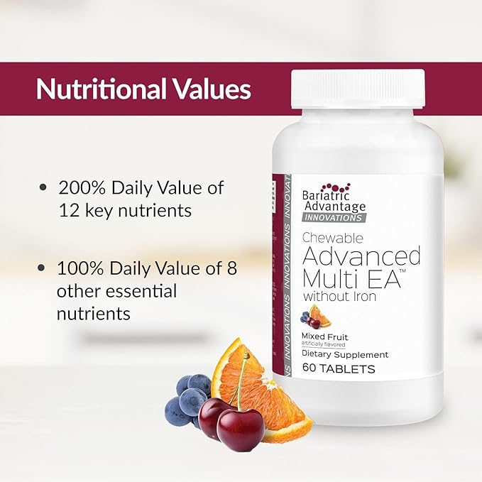 Bariatric Advantage Chewable Advanced Multi EA Without Iron - High Potency Daily Multivitamin - for Bariatric Surgery Patients Including Gastric Bypass &amp Sleeve Gastrectomy - Mixed Fruit - 60 Coun