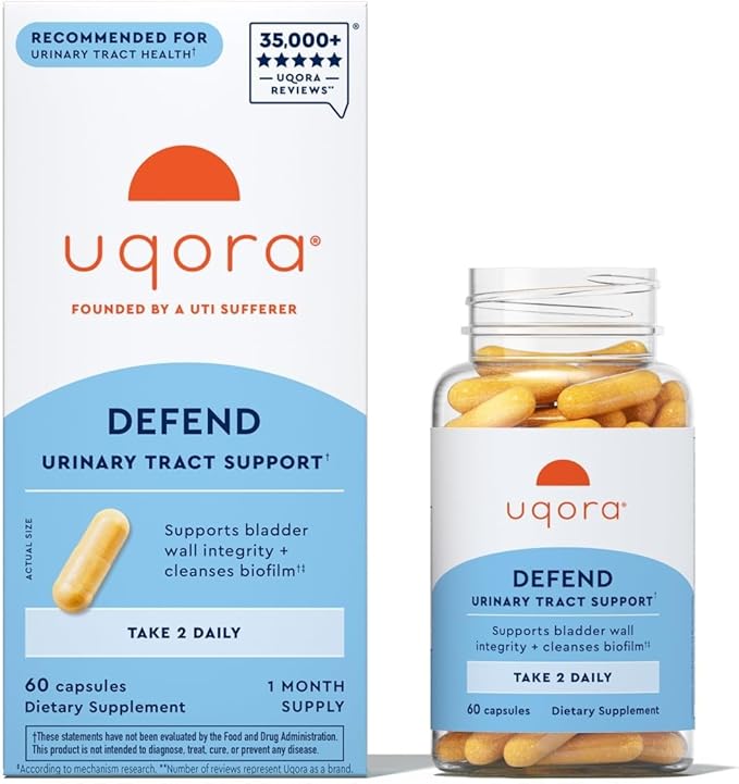 Uqora Defend - Urinary Tract Health Supplement - Support Bladder Health &amp Cleanse Biofilm* with D-Mannose Green Tea Extract Turmeric Extract &amp More - Gluten-Free - 60 Capsules (30-Day Supply