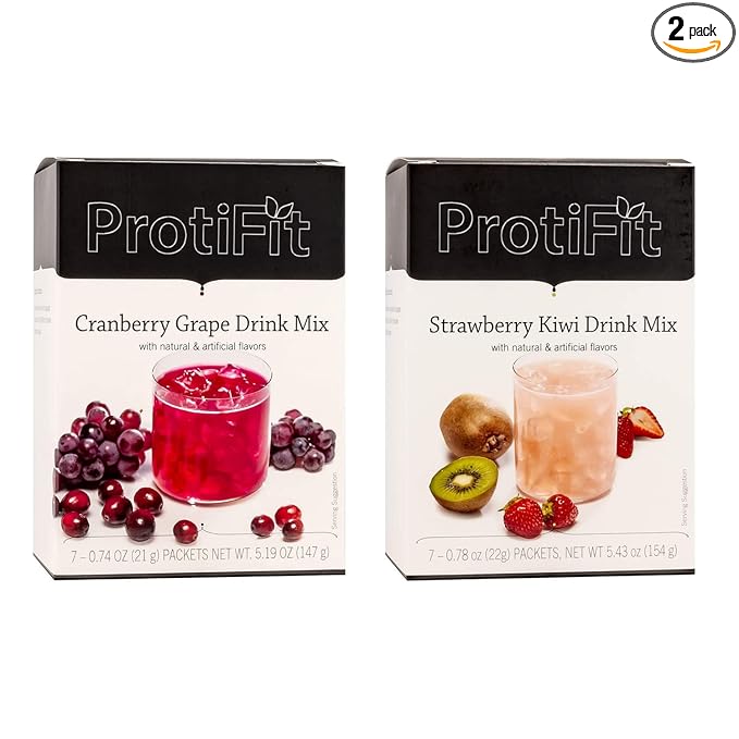 PROTIFIT - High Protein Cranberry Grape &amp Strawberry Kiwi Fruit Drink 2 Pack 15g Protein Low Calorie Sugar Free Ideal Protein Compatible 7 Servings Per Box (2 Pack)