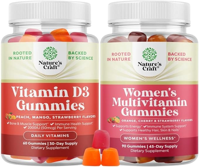 Bundle of Vitamin D3 Gummies with 2000IU per Serving Bone Muscle &amp Immune Support and Delicious Daily Multivitamin for Women for Energy and Immunity - Gummy Vitamins for Women's Health &amp Welln