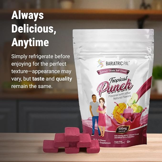BariatricPal Sugar-Free Calcium Citrate Soft Chews | 500mg with Vitamin D &amp Probiotics | Tropical Punch | 90 Count (1 Month Supply)