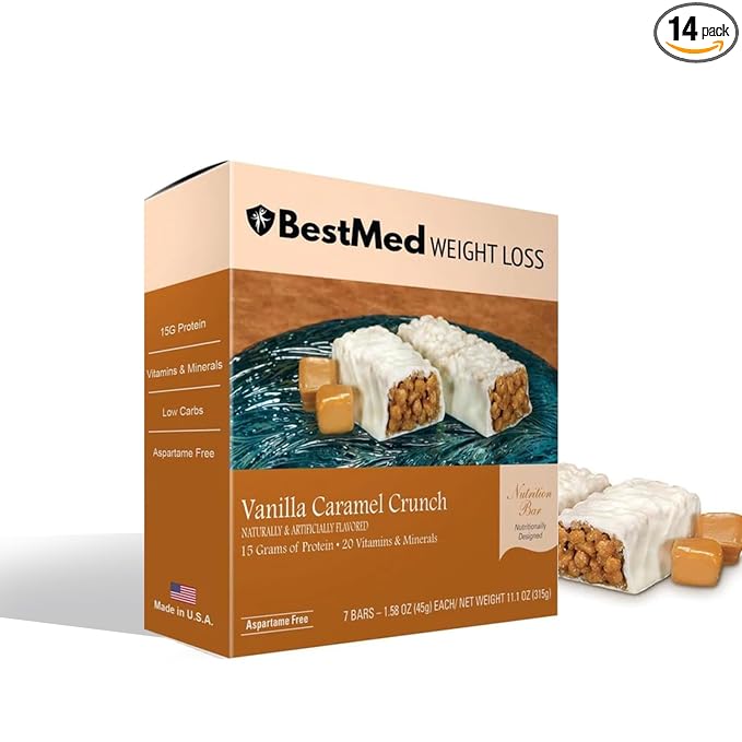 BestMed - High Protein Nutrition Bar - Low-Carb 15g Protein Low Sugar High Fiber Low Calorie Meal Replacement Bar (Vanilla Caramel 2 Box - 14 Count)