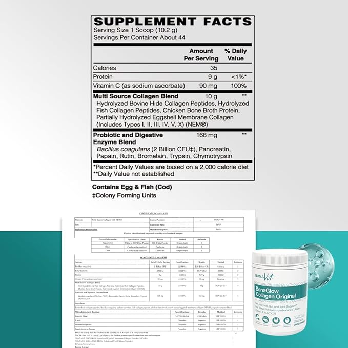 Multi Collagen Peptides - Types I II III IV V &amp X - Premium Hydrolyzed Collagen Powder for Women &amp Men - with Vitamin C Digestive Enzymes &amp Probiotics - 44 servings - BonaGlow Unflavo