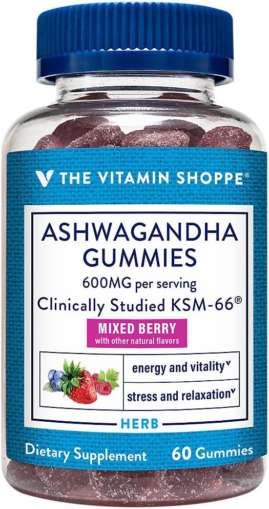 The Vitamin Shoppe Ashwagandha 600 MG - Stress Support Energy &amp Adaptogenic Wellness Root Extract (60 Gummies)