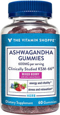 The Vitamin Shoppe Ashwagandha 600 MG - Stress Support Energy &amp Adaptogenic Wellness Root Extract (60 Gummies)