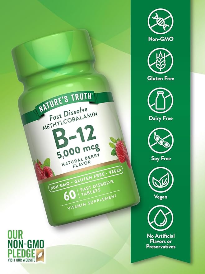Nature's Truth Sublingual Methylcobalamin B-12 5000mcg Tabs Berry 60 ea (Pack of 2)