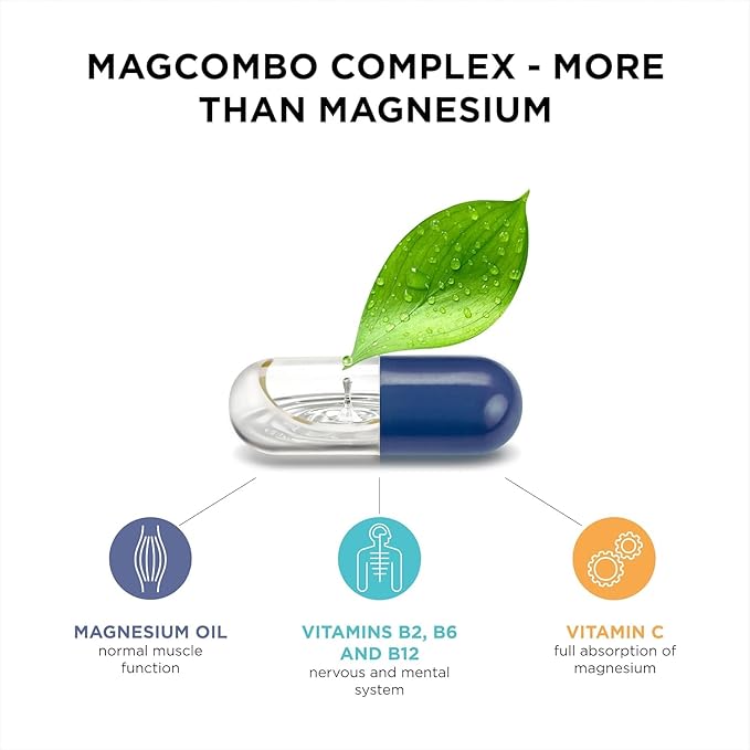 MagCombo - Concentrated Pure Magnesium Special Oil Formula for Maximum Absorption enriched with Vitamins В2 В6 В12 and С only 1 Capsule Daily. (Pack of 3)