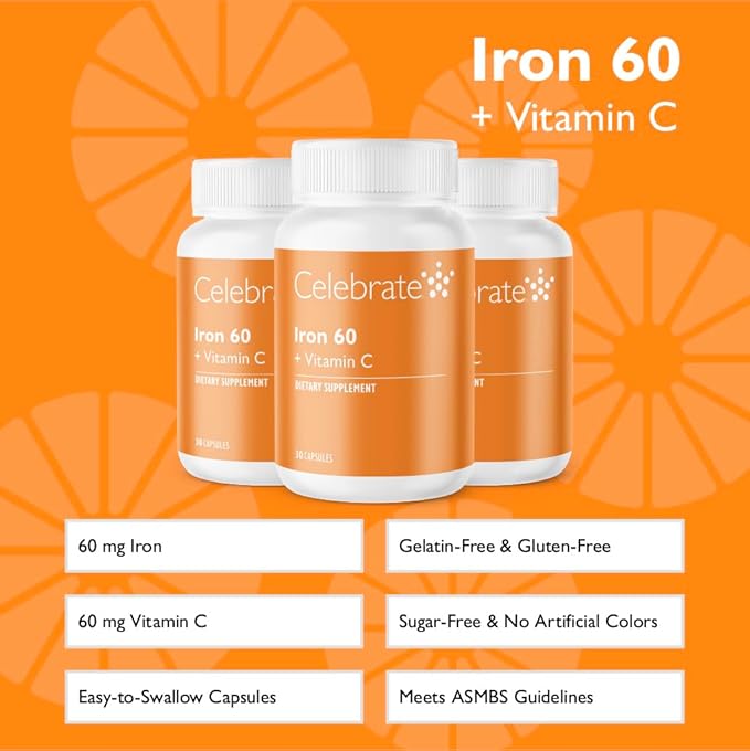 Celebrate Vitamins Iron Supplement with Vitamin C - 60mg Iron 60mg Vitamin C Bariatric Vitamins for WLS Patients Vertical Sleeve &amp Gastric Bypass Surgery (90 Capsules)