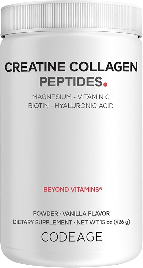 Codeage Creatine Collagen Peptides - Creatine Monohydrate Powder Supplement Wild-Caught Marine Collagen Biotin Magnesium Vitamin C Hyaluronic Acid - Vanilla Flavored - Non-GMO - 15 Oz