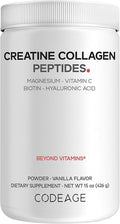Codeage Creatine Collagen Peptides - Creatine Monohydrate Powder Supplement Wild-Caught Marine Collagen Biotin Magnesium Vitamin C Hyaluronic Acid - Vanilla Flavored - Non-GMO - 15 Oz